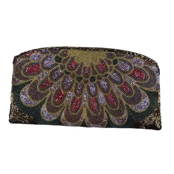Antique Beaded Purse Art Deco Peacock Motif Zippered Clutch Evening Bag vintage - Picture 1 of 10